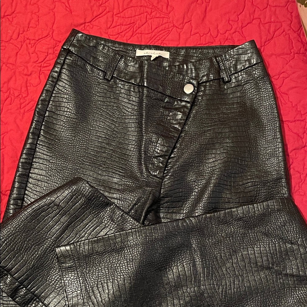 7 For All Mankind Black Crocodile textured Flare cut pants.  Faux leather .